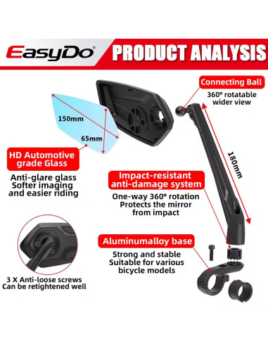 Lusterko rowerowe EasyDo RM12 65x150 mm